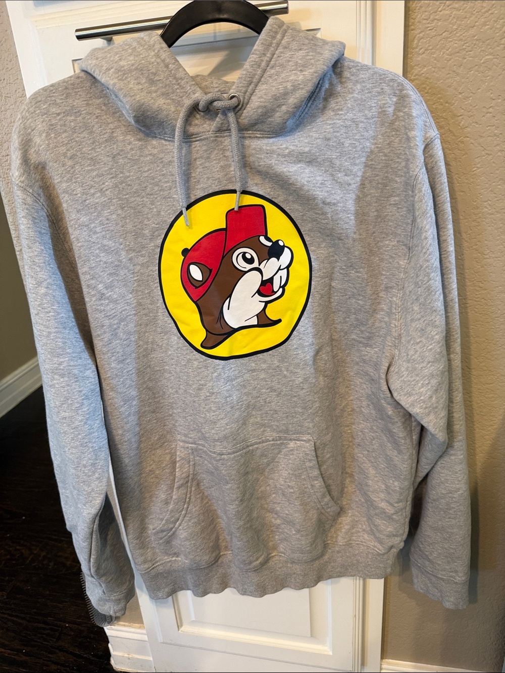 Buc-ee’s Gray Hooded Sweatshirt with Red and Yellow Graphic